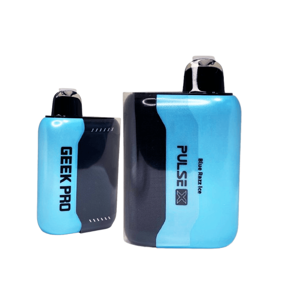 Geek Bar Pulse X 25K Puffs Blue Razz Ice disposable vape in blue and black with Geek Pro device