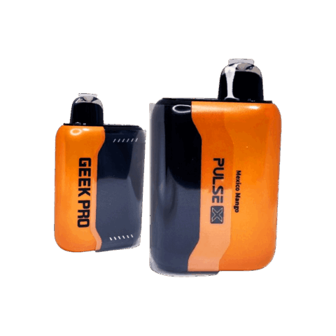 Geek Bar Pulse X 25K Puffs Mexico Mango disposable vape in orange and black with Geek Pro device