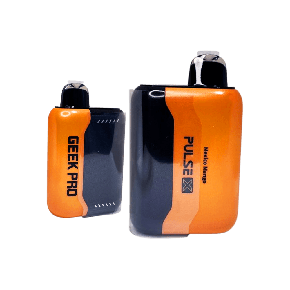 Geek Bar Pulse X 25K Puffs Mexico Mango disposable vape in orange and black with Geek Pro device