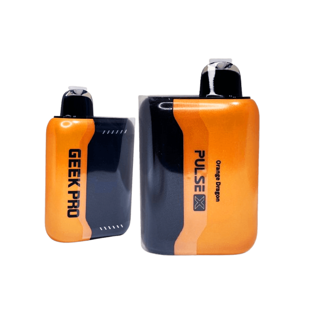 Geek Bar Pulse X 25K Puffs Orange Dragon disposable vape in orange and black with Geek Pro device