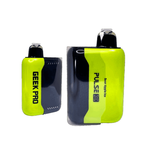 Geek Bar Pulse X 25K Puffs Sour Apple Ice disposable vape in green and black with Geek Pro device