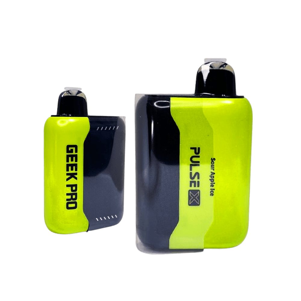 Geek Bar Pulse X 25K Puffs Sour Apple Ice disposable vape in green and black with Geek Pro device