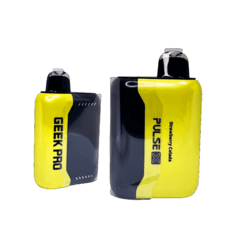 Geek Bar Pulse X 25K Puffs Strawberry Colada disposable vape in yellow and black with Geek Pro device