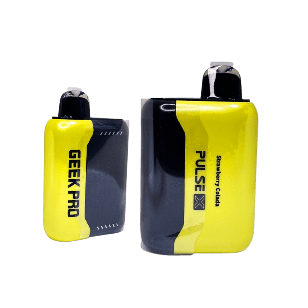 Geek Bar Pulse X 25K Puffs Strawberry Colada disposable vape in yellow and black with Geek Pro device