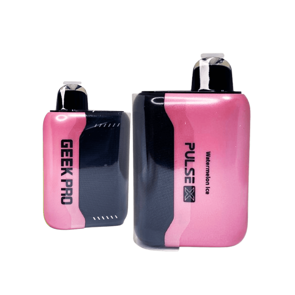 Geek Bar Pulse X 25K Puffs Watermelon Ice disposable vape in pink and black with Geek Pro device